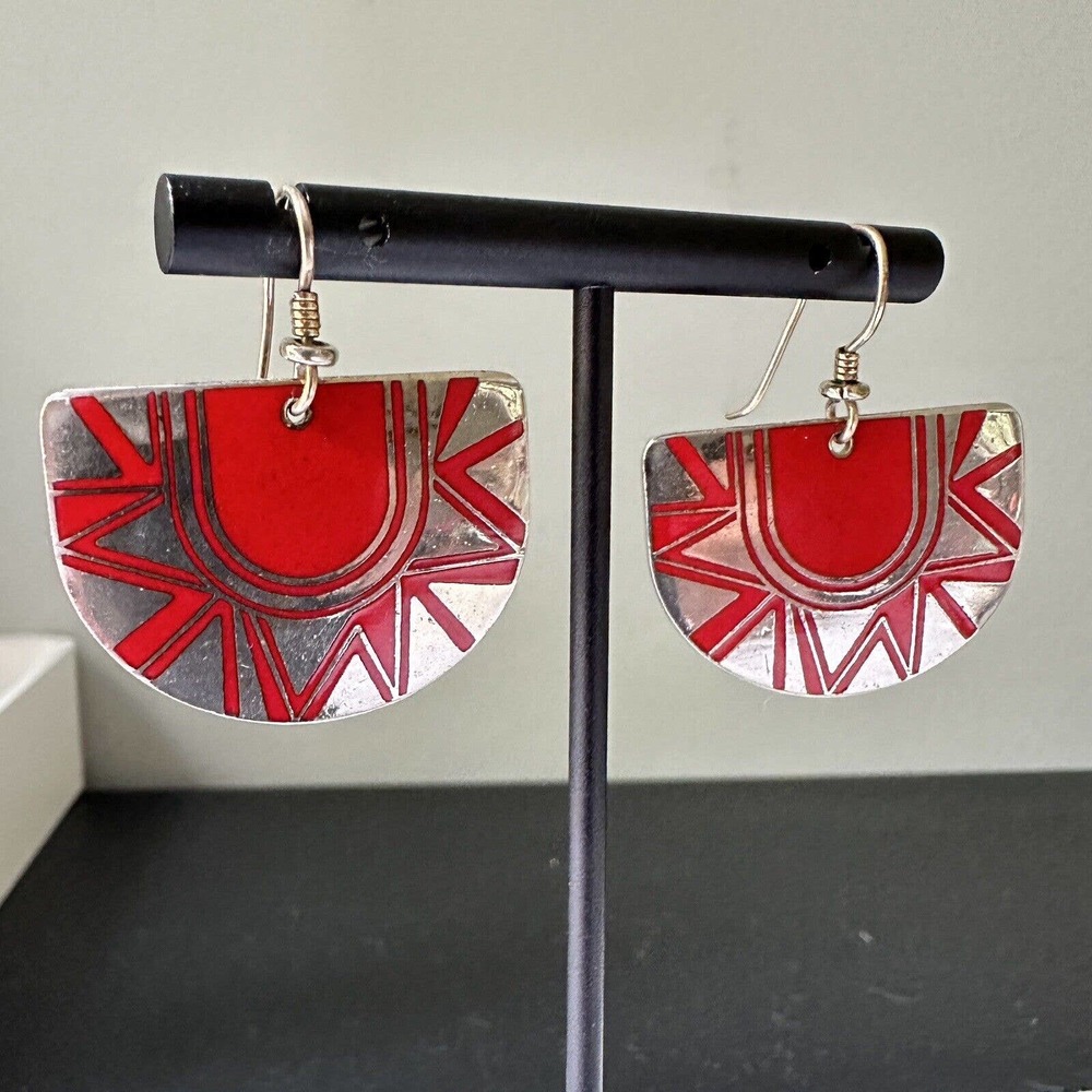 Laurel Burch “OSAI” SHIELDS Earrings 14K hook PIERCED Red & Gold Cloisonne VTG